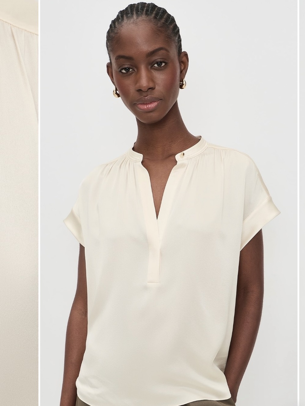 Vince Off-White 100% Silk Gathered Neck Cap-Sleeve Blouse Top Size XS